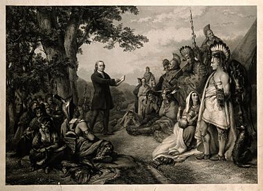 John Wesley preaching to native American Indians. Engraving. Wellcome V0006867