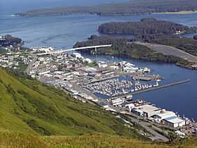 View of Kodiak from Pillar Mountain.  At center, from top to bottom: the Near Island Bridge, downtown and the small boat harbor.