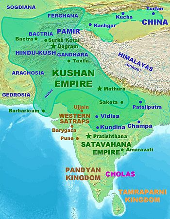 Kushan territories (full line) and maximum extent of Kushan dominions under Kanishka (dotted line), according to the Rabatak inscription.
