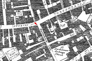 Location of the Whalebone Tavern arrowed on Ogilby and Morgan's Large Scale Map of the City As Rebuilt By 1676