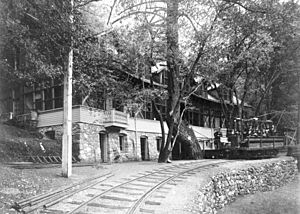 Mount Lowe Railway car in front of the Alpine Tavern on Mount Lowe (CHS-14161)