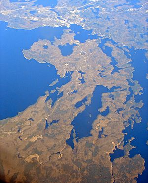 Aerial view of Parry Island, with the town of Parry Sound visible at the top.