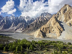 The Passu Cones, also known as Cathedral Ridge, as viewed from the Karakoram Highway in Passu