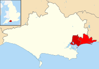 Former Poole unitary authority (dark red) within Bournemouth, Christchurch and Poole (red)