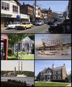 Clockwise from top: a view of shops on Main Street, monument commemorating the village's maritime past, Port Jefferson Village Hall, A ferry passes a local power plant en route to Bridgeport, Connecticut, Port Jefferson Free Library