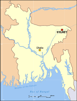 Location of Sylhet from the capital within Bangladesh