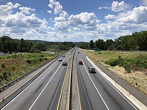2022-08-15 13 32 14 View west along Interstate 80 and south along U.S. Route 209 (Keystone Shortway) from the overpass for Prospect Street in East Stroudsburg, Monroe County, Pennsylvania