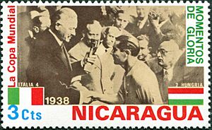 Albert Lebrun presents 1938 FIFA Cup to Giuseppe Meazza 1974 stamp of Nicaragua