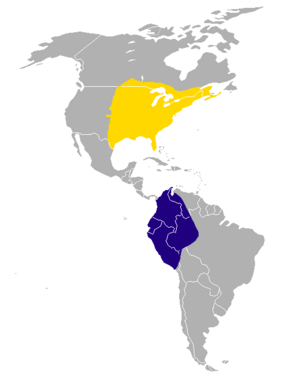 map of the Americas showing yellow over much of eastern North America and dark blue in northwestern South America