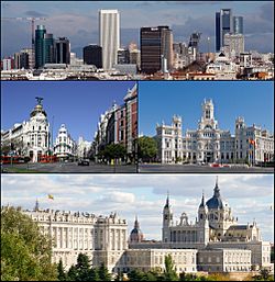 From upper left: Puerta de Alcalá, Campo del Moro Gardens and Royal Palace, City Hall, Alcalá and Gran Vía street, Prado Museum, Statue of the Bear and the Strawberry tree (madroño) in Puerta del Sol Square, Cervantes Institute Foundation Headquarter, View of Royal Palace and Almudena Cathedral.