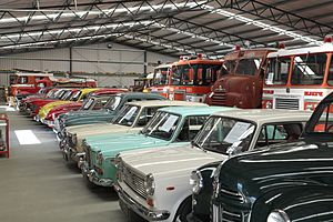 Collection of classic British and European cars and fire trucks at Wanaka Transport and Toy Museum