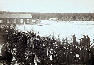 Elias Lönnrotin hautajaissaattue Sammatin koululta kirkolle 3.4.1884. Arkkua kantavat eri osakuntaien edustajat