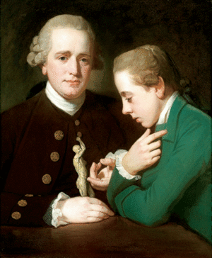 George Romney - Robert, 9th Baron Petre demonstrating the use of an écorché figure to his son, Robert Edward.gif