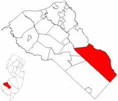 Monroe Township highlighted in Gloucester County. Inset map: Gloucester County highlighted in the State of New Jersey.