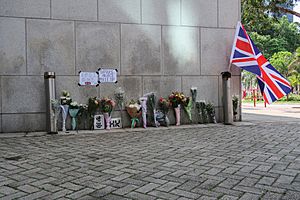 People leave flowers in tribute to the Duke outside British Consulate-General Hong Kong view 20210410