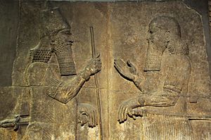 Sargon II (left) faces a high-ranking official, possibly Sennacherib his son and crown prince. 710-705 BCE. From Khorsabad, Iraq. The British Museum, London