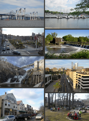 Clockwise from top: the original Tappan Zee Bridge and replacement; Mamaroneck Harbor; Philipsburg Manor; downtown White Plains; downtown Scarsdale; shops in Katonah; the New Croton Dam; Getty Square in Yonkers
