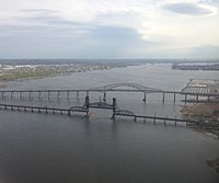 2014-05-07 16 26 18 View of the Newark Bay Bridge from an airplane heading for Newark Airport-cropped