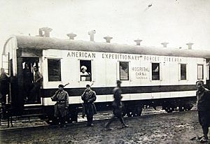 American Expeditionary Forces Hospital Car No. 1, Train No.1 at Khabarovsk, Russia, 1918-1919 (18155799199)