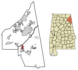 Location of Sand Rock in Cherokee County and DeKalb County, Alabama.