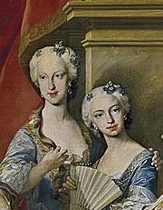 Detail of the 1743 portrait of the Family of Philip V of Spain, (María Teresa Rafaela and María Antonia Fernanda) L M van Loo