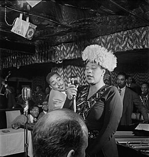 Ella Fitzgerald, Dizzy Gillespie, Ray Brown, Milt Jackson, and Timmie Rosenkrantz, Downbeat, New York, N.Y., ca. Sept. 1947 (William P. Gottlieb) (cropped)
