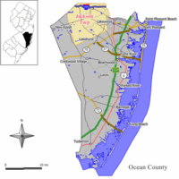 Map of Jackson Township in Ocean County. Inset: Location of Ocean County highlighted in the State of New Jersey.