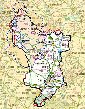 Map of Derbyshire boundaries plus Peak District