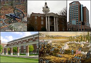 From top left, cannon at Stones River National Battlefield, Rutherford County Courthouse, City Center, MTSU's Paul W. Martin Sr. Honors Building, Battle of Stones River.