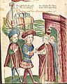 Otto IV. und Papst Innocenz III. reichen sich vor den ankommenden Schiffen Friedrichs II. die Hände