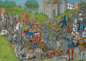 Portuguese and English armies defeating a French vanguard of the King of Castile - Chronique d' Angleterre (Volume III) (late 15th C), f.201v - BL Royal MS 14 E IV
