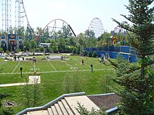 Six Flags New England football field with Superman