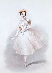 Sketch of a female ballet dancer posing en pointe in a mid-length, white dress; her hair and bodice are covered in orange flowers