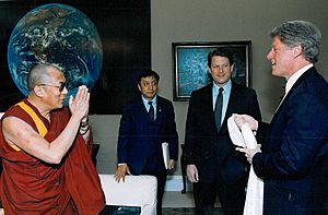 The Dalai Lama, Lodi Gyari, Al Gore and Bill Clinton in the Office of the Vice President, Washington, April 1993