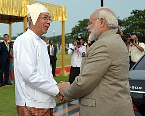 The Prime Minister, Shri Narendra Modi being welcomed by the President of Myanmar, Mr. U. Htin Kyaw, at the Ceremonial Reception, in Nay Pyi Taw, Myanmar on September 05, 2017