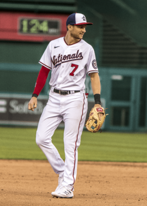 Trea Turner reacts to umpires from Nationals vs. Braves at Nationals Park, April 6th, 2021 (All-Pro Reels Photography) (51101650464)