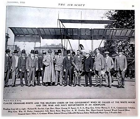 United States Aeronautical Reserve and USA military officials, group photo, 1910