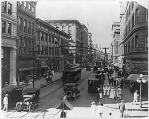 Va. - Norfolk - Granby Street from corner of City Hall Avenue; busy street scene with autos and electric trolleys LCCN2006688632