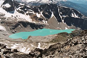 Wedgemount Lake with Whistler Mountain visible in the top right corner