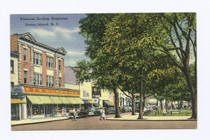Business Section, Stapleton, Staten Island, N.Y. (corner of park, with people in street, 40's cars parked in front of shops, F.W. Woolworth, Co., Miles shoes) (NYPL b15279351-105079)f