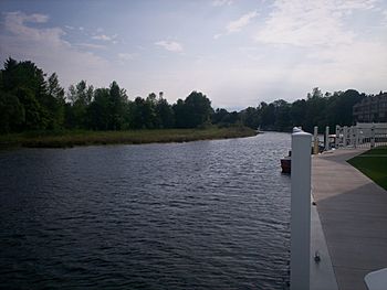 A view of the Cheboygan River from walkway along the edge