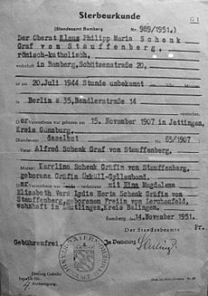 Claus Schenk Graf von Stauffenberg Sterbeurkunde 1944