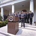  In this photo, David Rockefeller takes the podium as President Lyndon Johnson looks on in the White House Rose Garden on June 15, 1964 to announce the launch of the International Executive Service Corps.