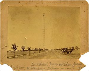 First Electric tower erected in Austin, 41st & Speedway, 1895