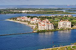 View of Fisher Island; South Pointe and Government Cut foreground, Virginia Key background