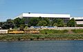 Memorial Coliseum in Portland with Union Pacific and MAX trains passing