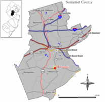 Map of Millstone in Somerset County. Inset: Location of Somerset County highlighted in the State of New Jersey.