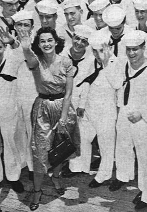 Miss America Yolande Betbeze aboard USS Monterey (CVL-26) in 1951