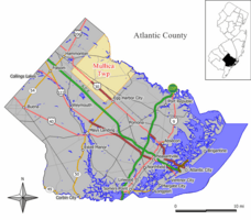 Map of Mullica Township in Atlantic County. Inset: Location of Atlantic County highlighted in the State of New Jersey.
