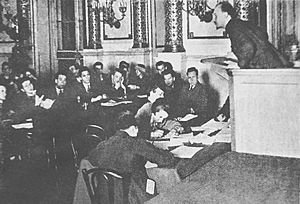 Nikolai Bukharin delivers the welcome speech on the meeting of Young Communist International 1925